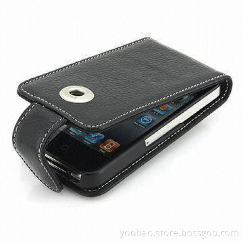 Genuine Black Leather Case for Apple iPhone 4 with Magnetic Clip Closure